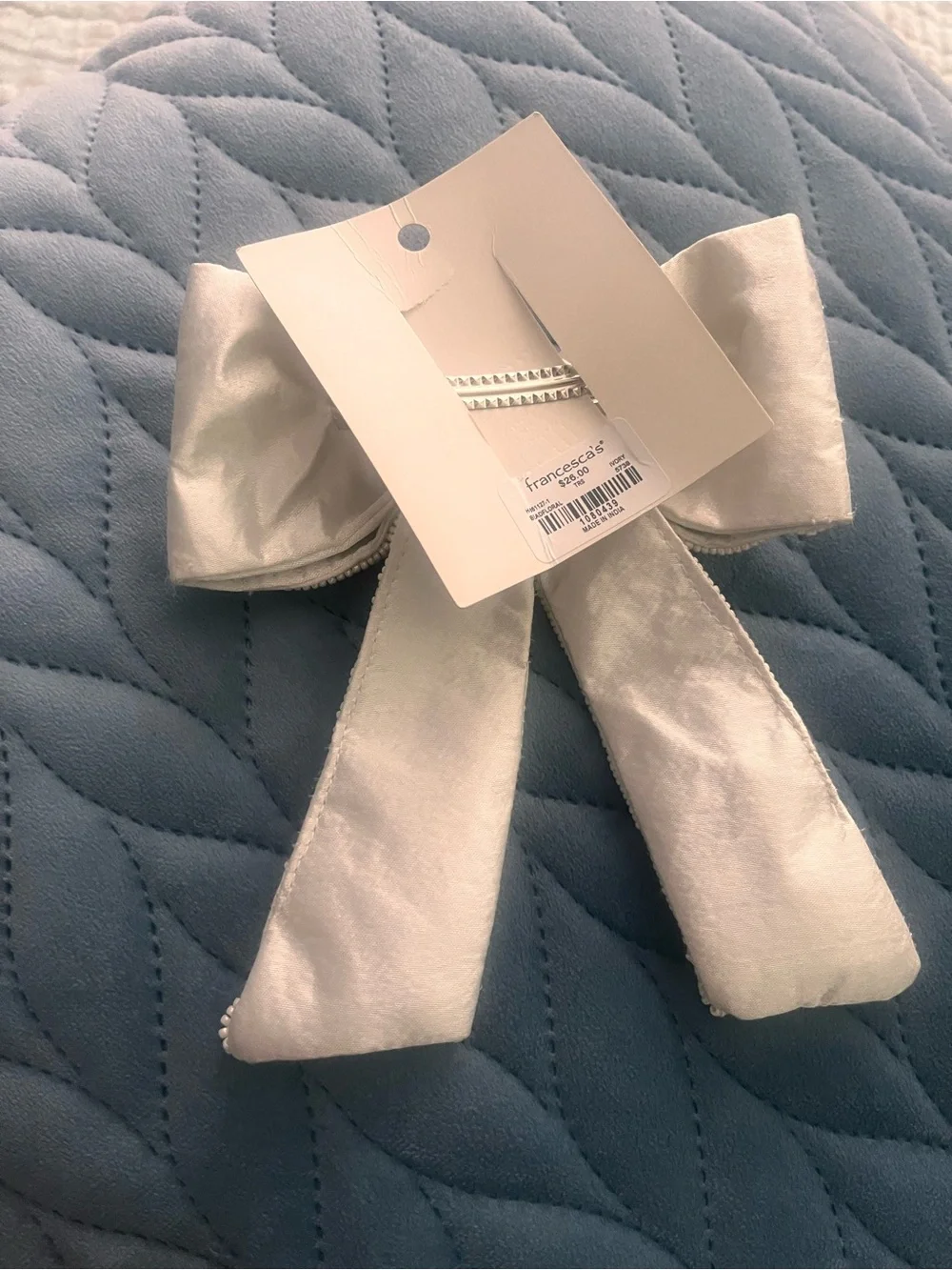Francesca's white Beaded Bow Clip with Floral Embroidery